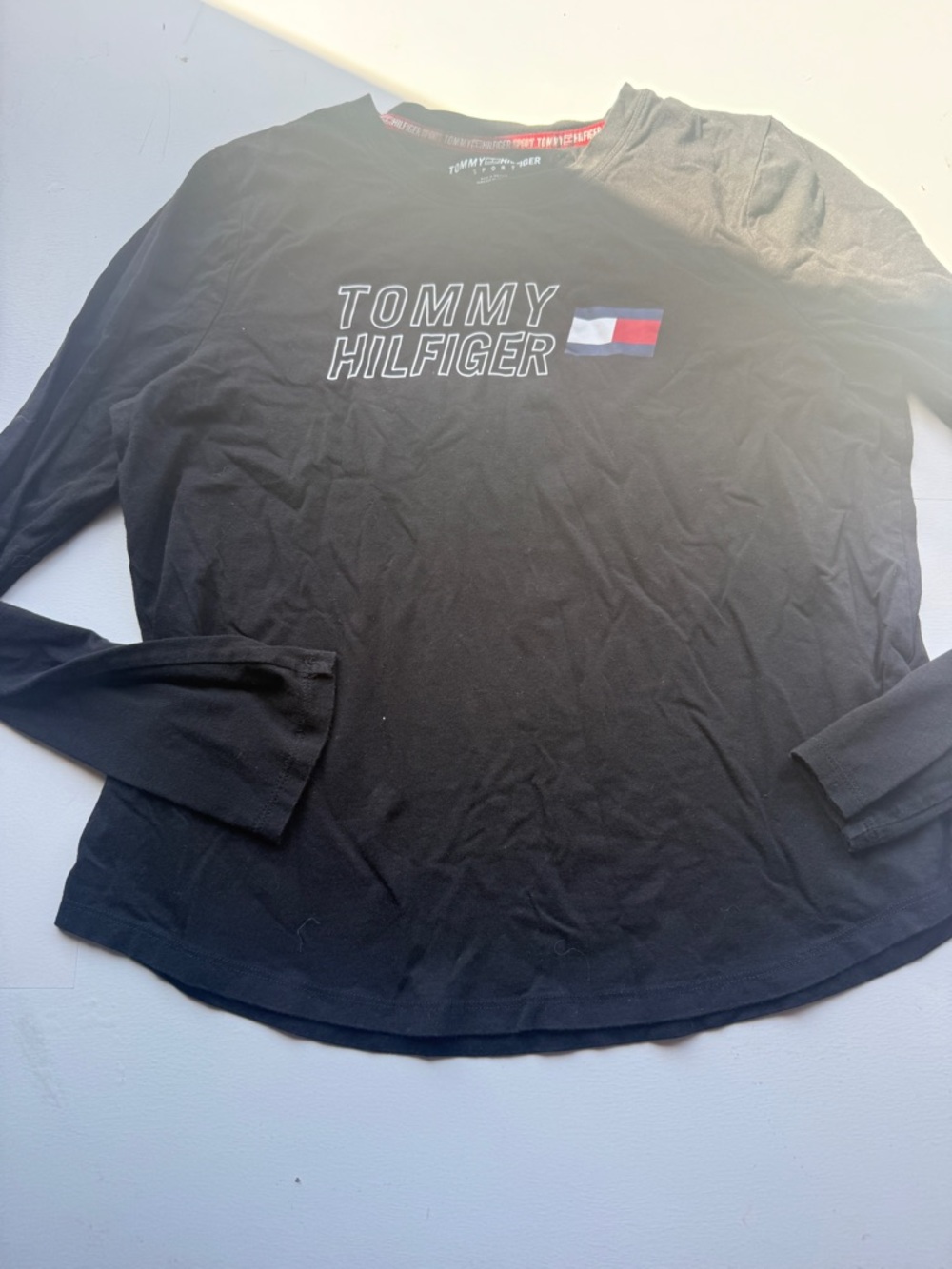 4/$25 Tommy Hilfiger Black Long-Sleeve Logo Shirt womens medium crew neck M A11